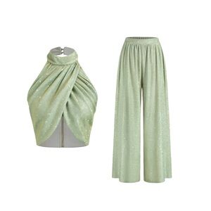 Sparkling Green Halter Top & Matching Pants Set